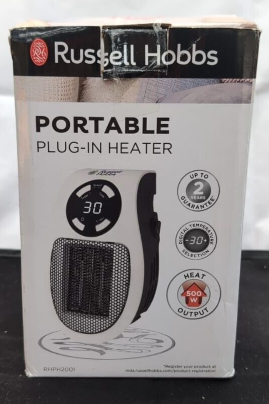 Russell Hobbs RHPH2001 500W Ceramic Plug Heater, Adjustable thermostat,